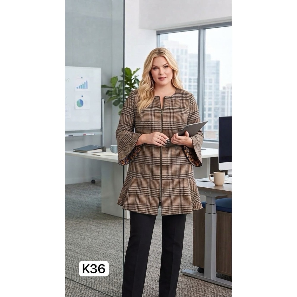 Cabi New Flounce Jacket Tan Brown Navy Tartan Plaid Size S Fall Classic Heritage